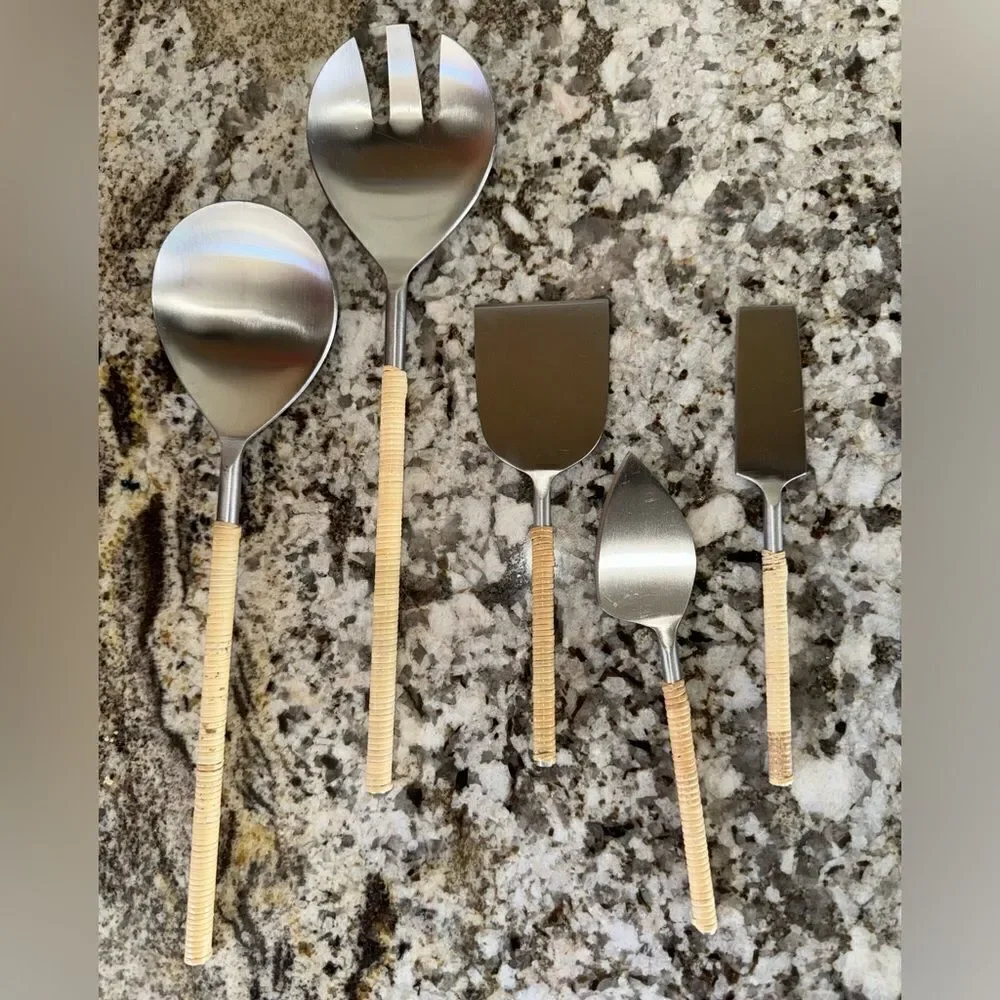 Salad Servers 2-Piece Matte Steel Rattan matching rattan cheese serving set.